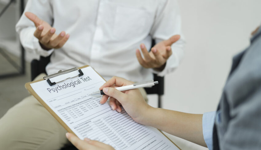 Menopause man, stressful patient consulting with doctor or psychiatrist who diagnostic examining on obstetric - gynaecological female illness, or mental health in medical clinic or hospital.